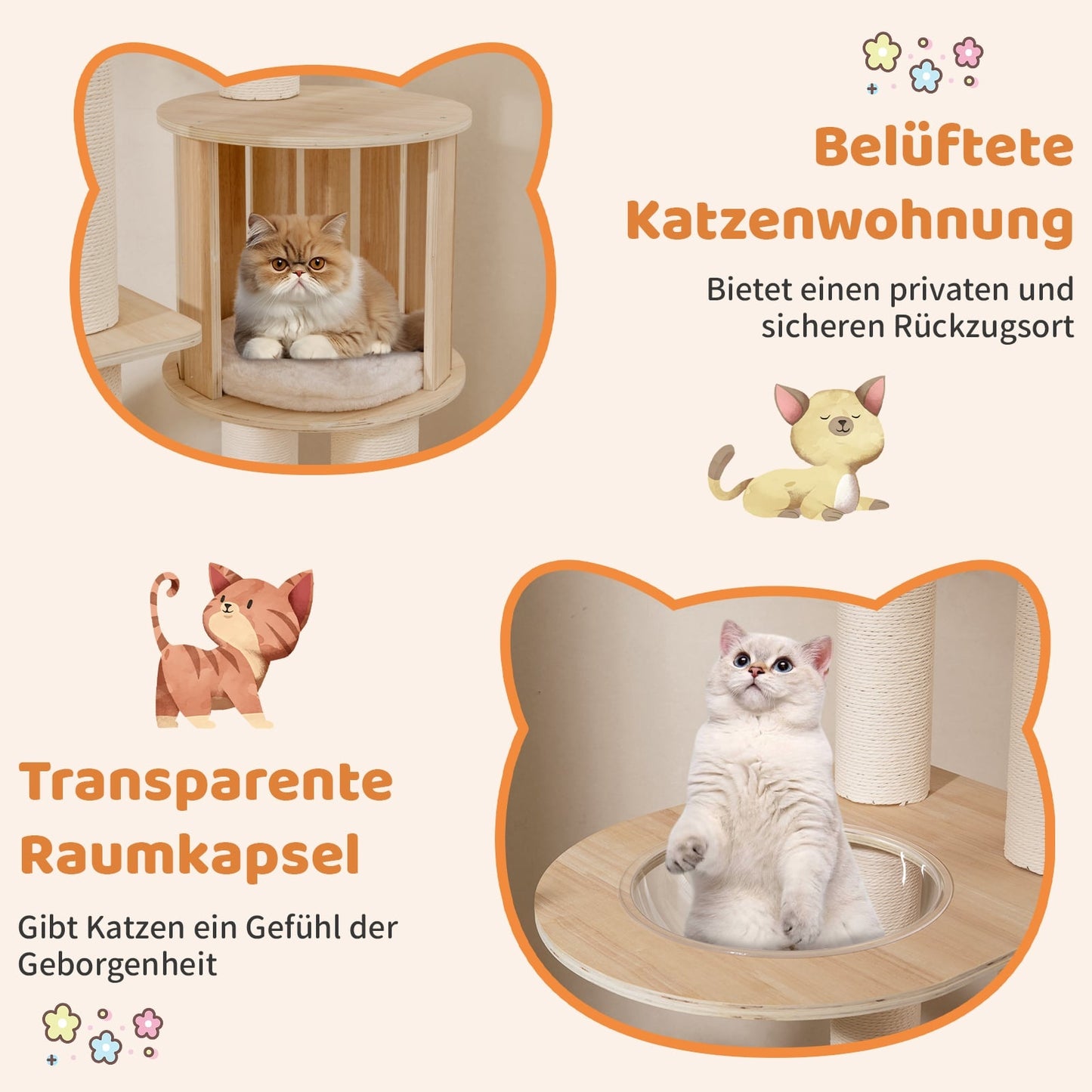 Cat Tree 185 cm with Thick Posts, Hideaway & Capsule