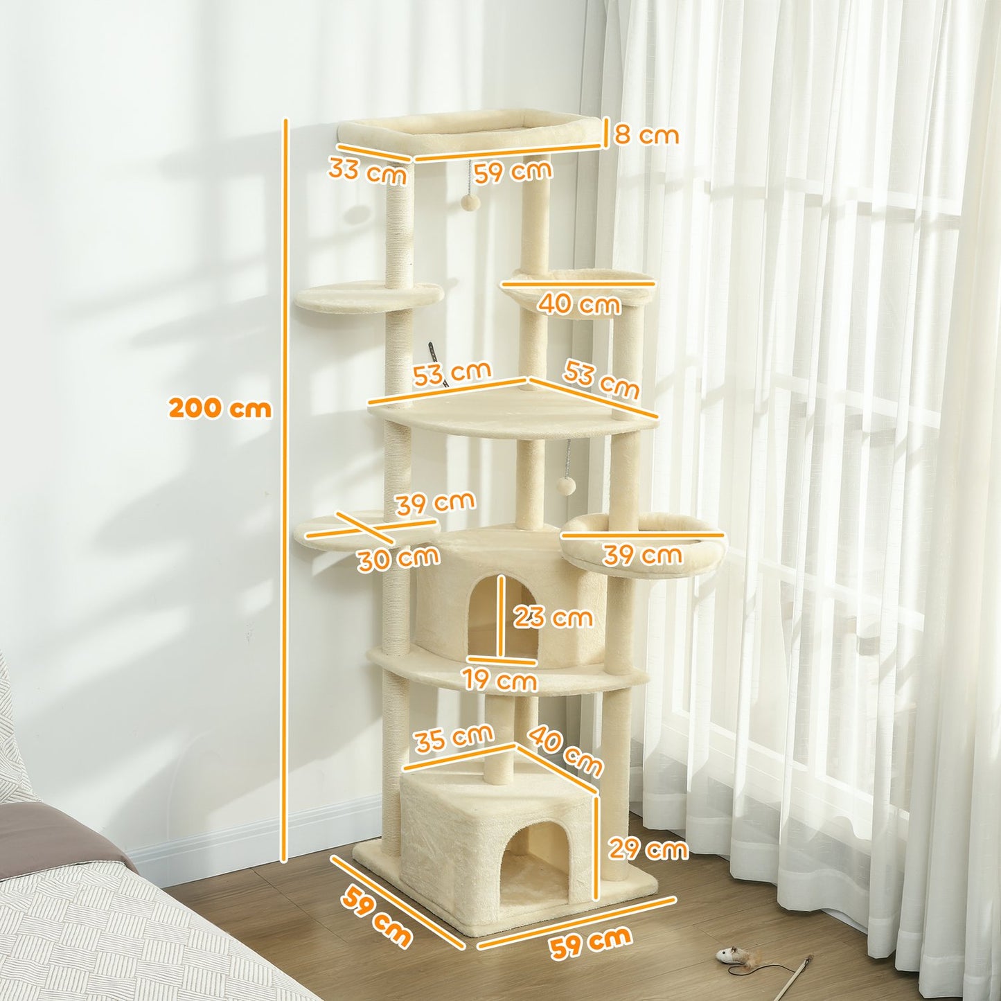 Cat Tree, 2m, Multi-Level, Sisal, Hammock, Beige