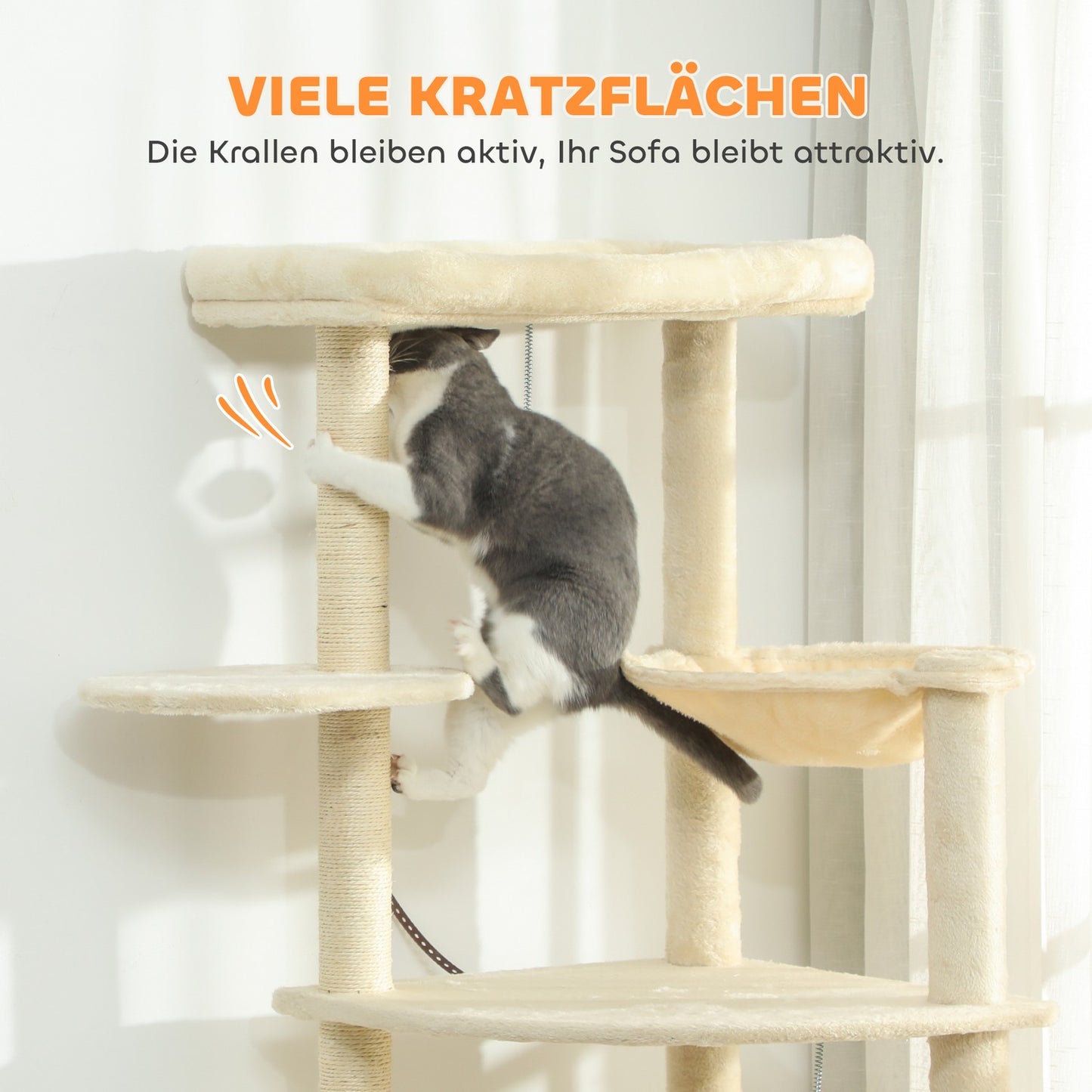Cat Tree, 2m, Multi-Level, Sisal, Hammock, Beige