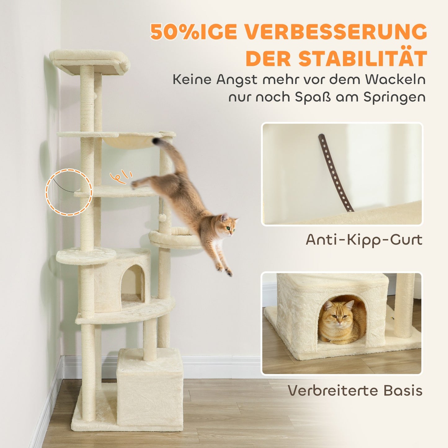 Cat Tree, 2m, Multi-Level, Sisal, Hammock, Beige