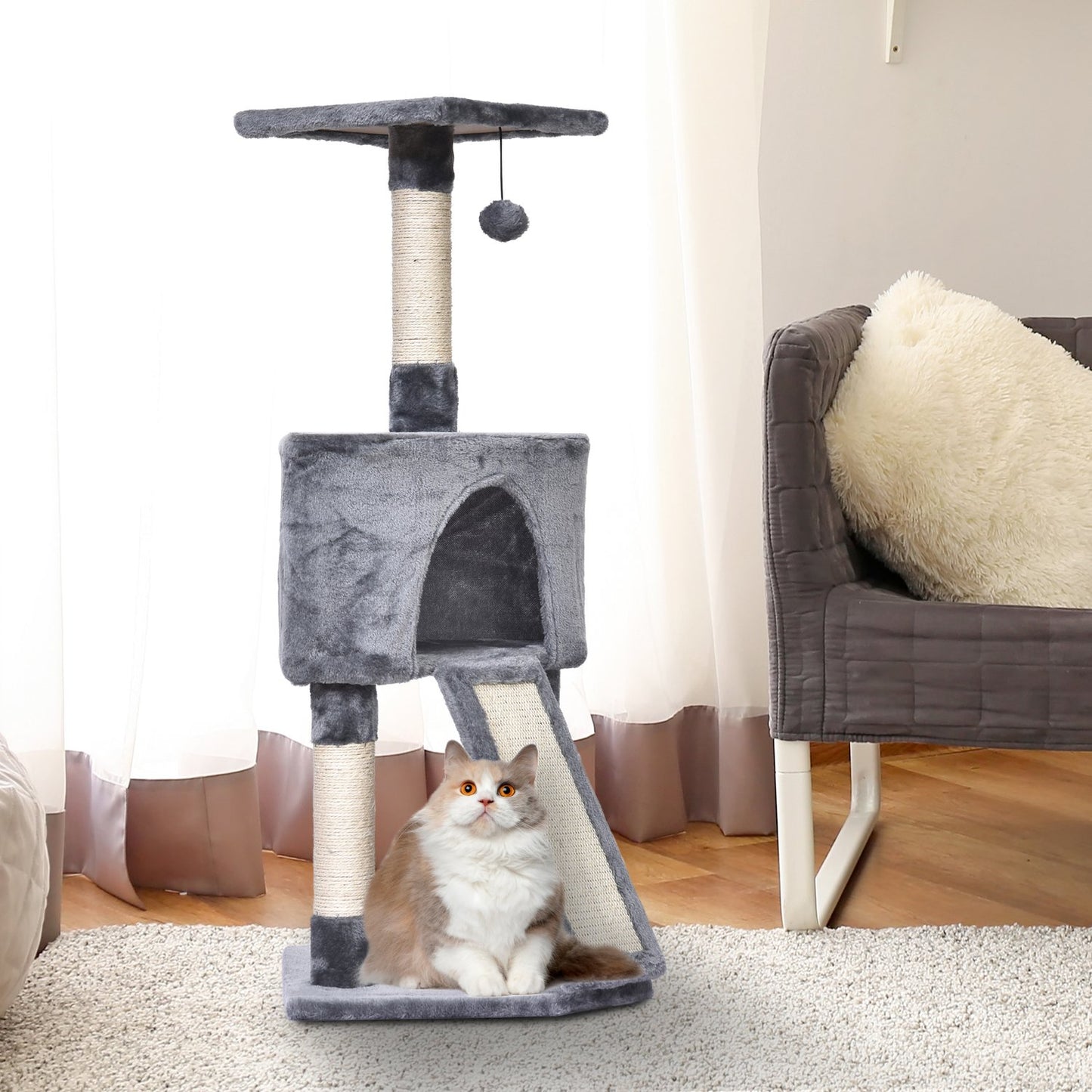 Cat tree with cat cave & sisal scratching posts, gray