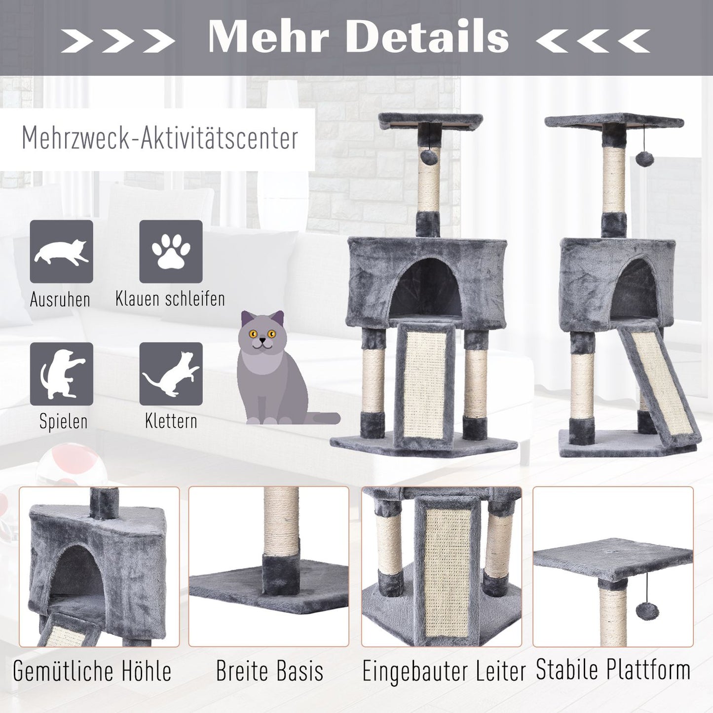 Cat tree with cat cave & sisal scratching posts, gray