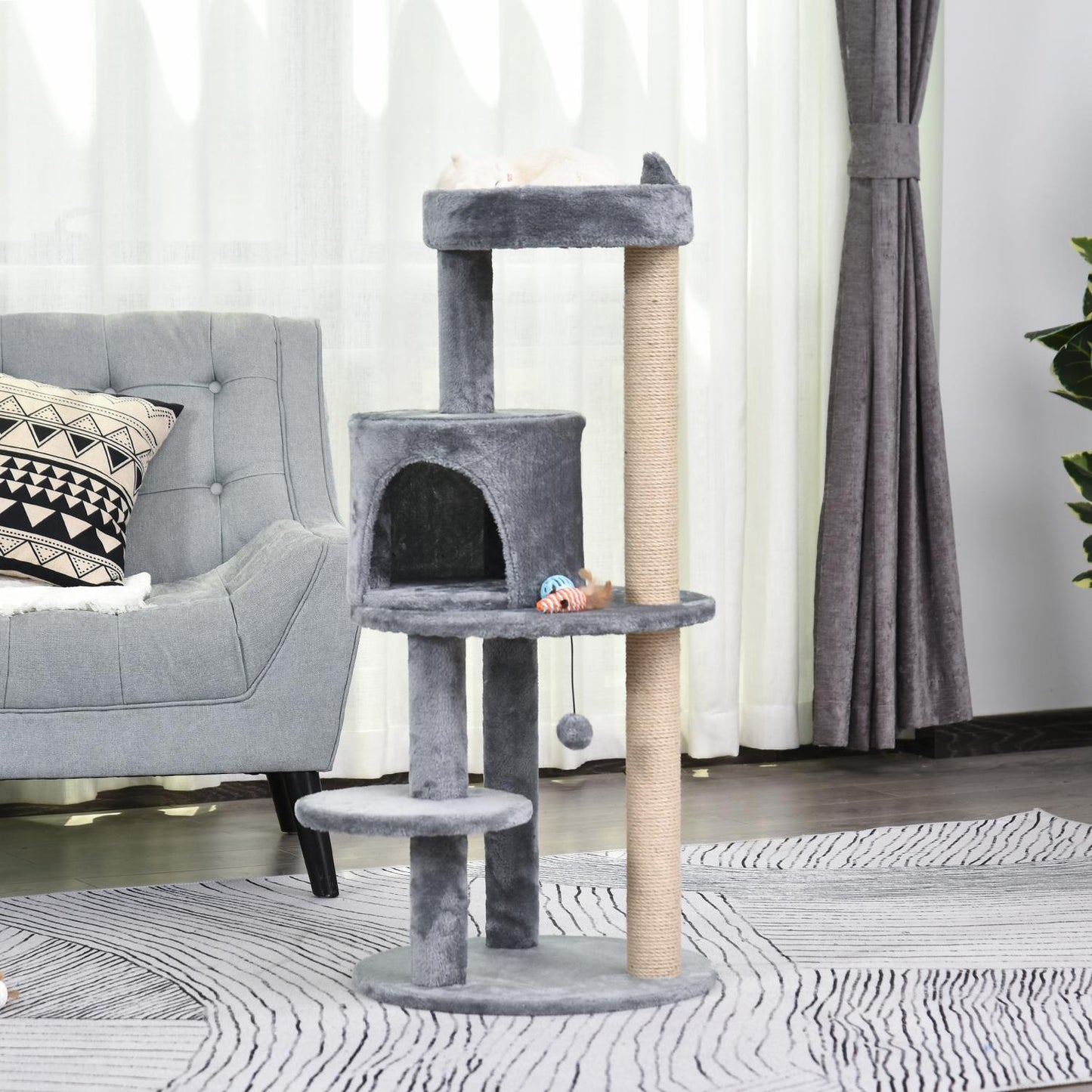 4-level cat tree, plush cave, sisal scratching posts, play balls