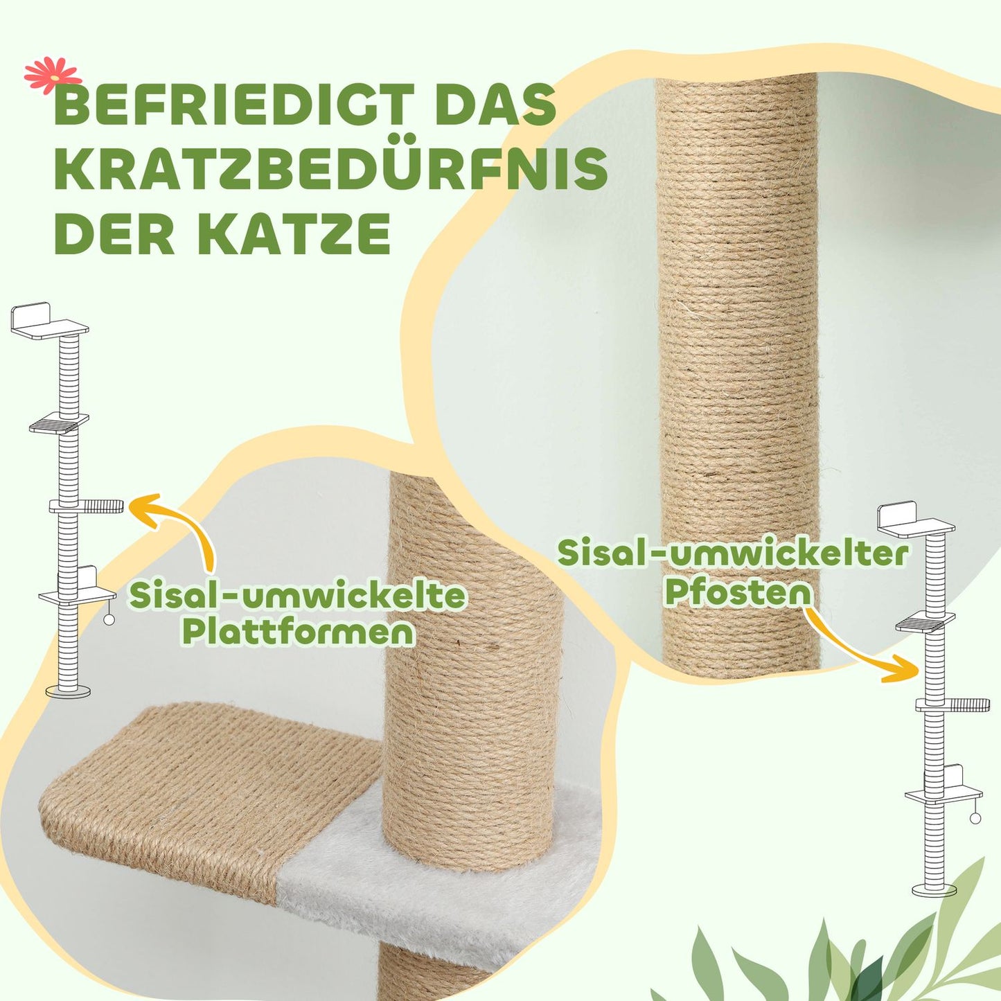 Cat Tree, 5-Level, Sisal Posts, Plush Fabric, Light Gray