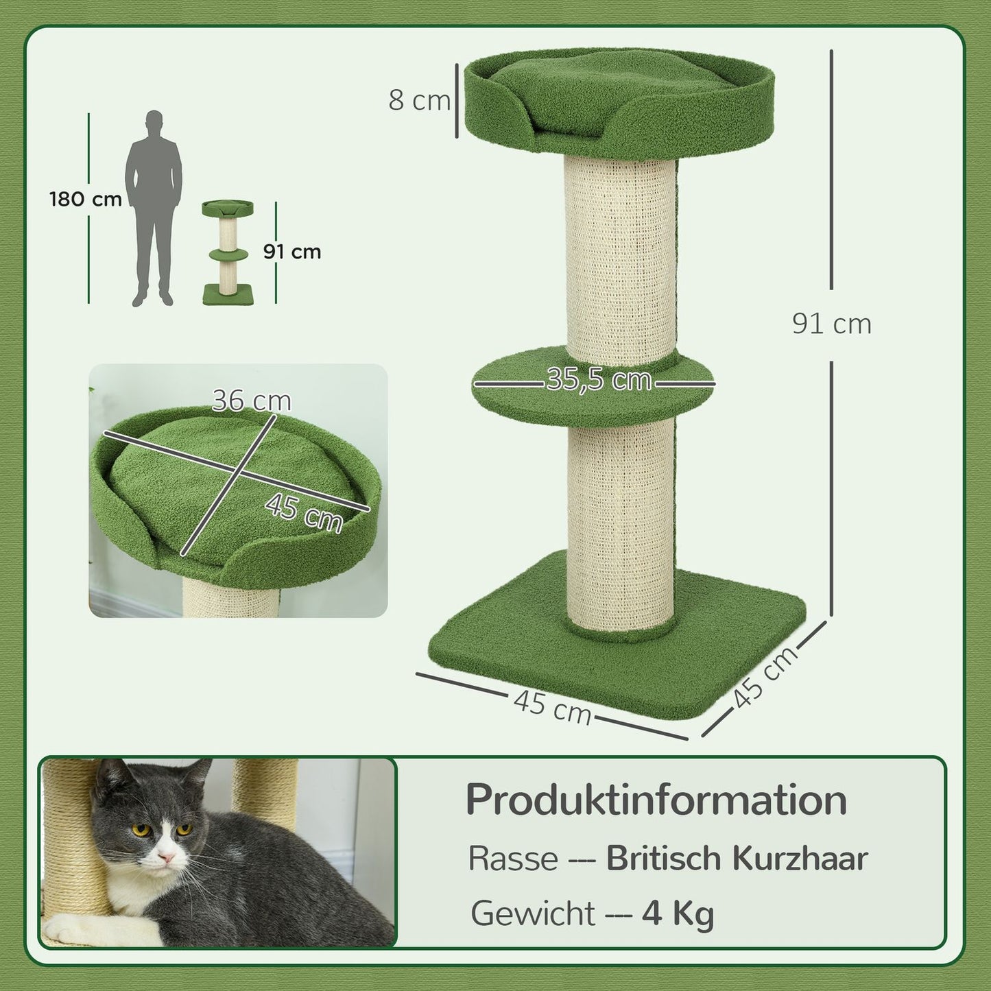 Cat Tree 91cm with Bed, Platforms, Sisal Posts, Green