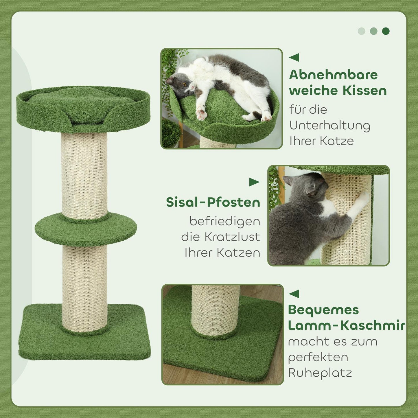 Cat Tree 91cm with Bed, Platforms, Sisal Posts, Green