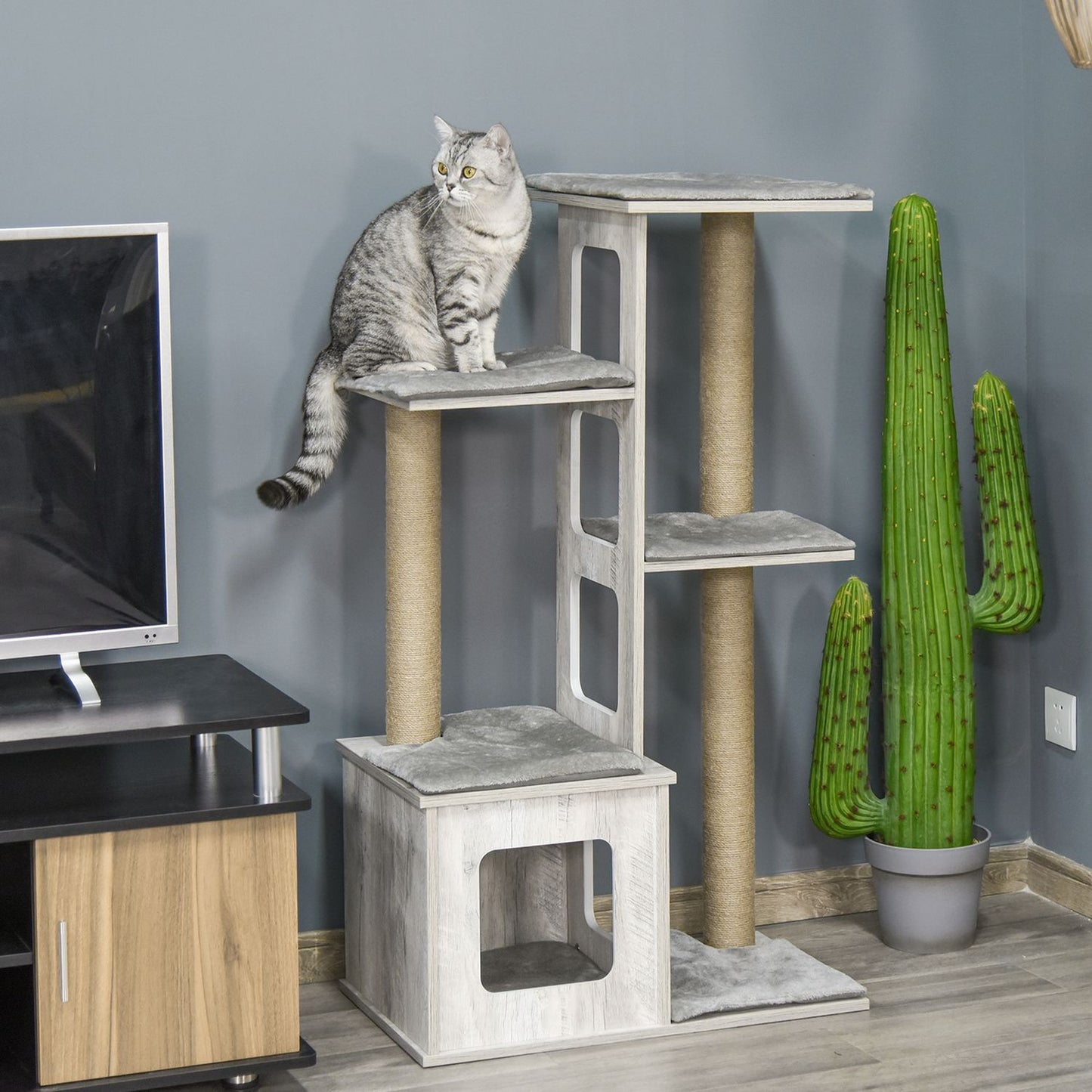 Cat Tree Activity Center - Gray jute plush, 67x38.5x114 cm