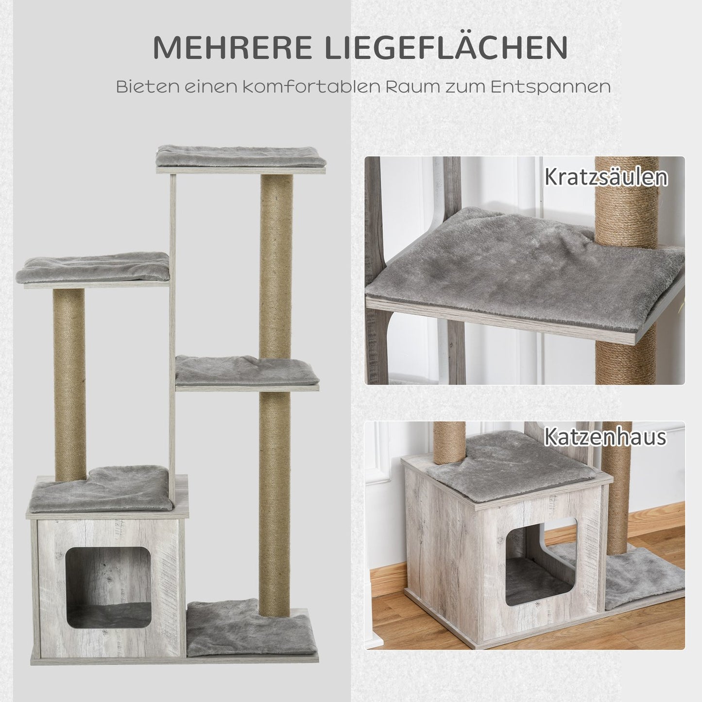 Cat Tree Activity Center - Gray jute plush, 67x38.5x114 cm