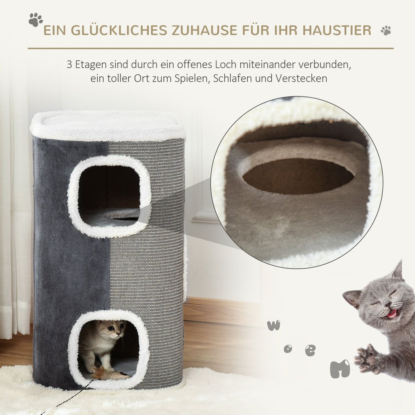 Cat tree with 3 levels, sisal & velvet smooth fabric, grey/white