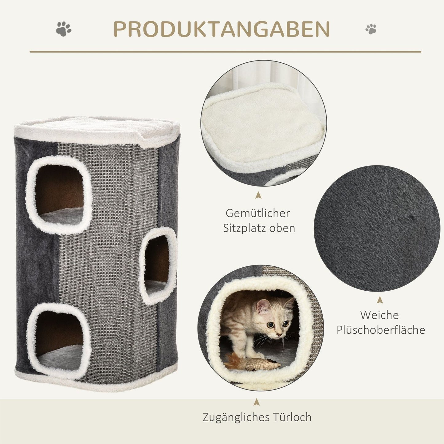 Cat tree with 3 levels, sisal & velvet smooth fabric, grey/white