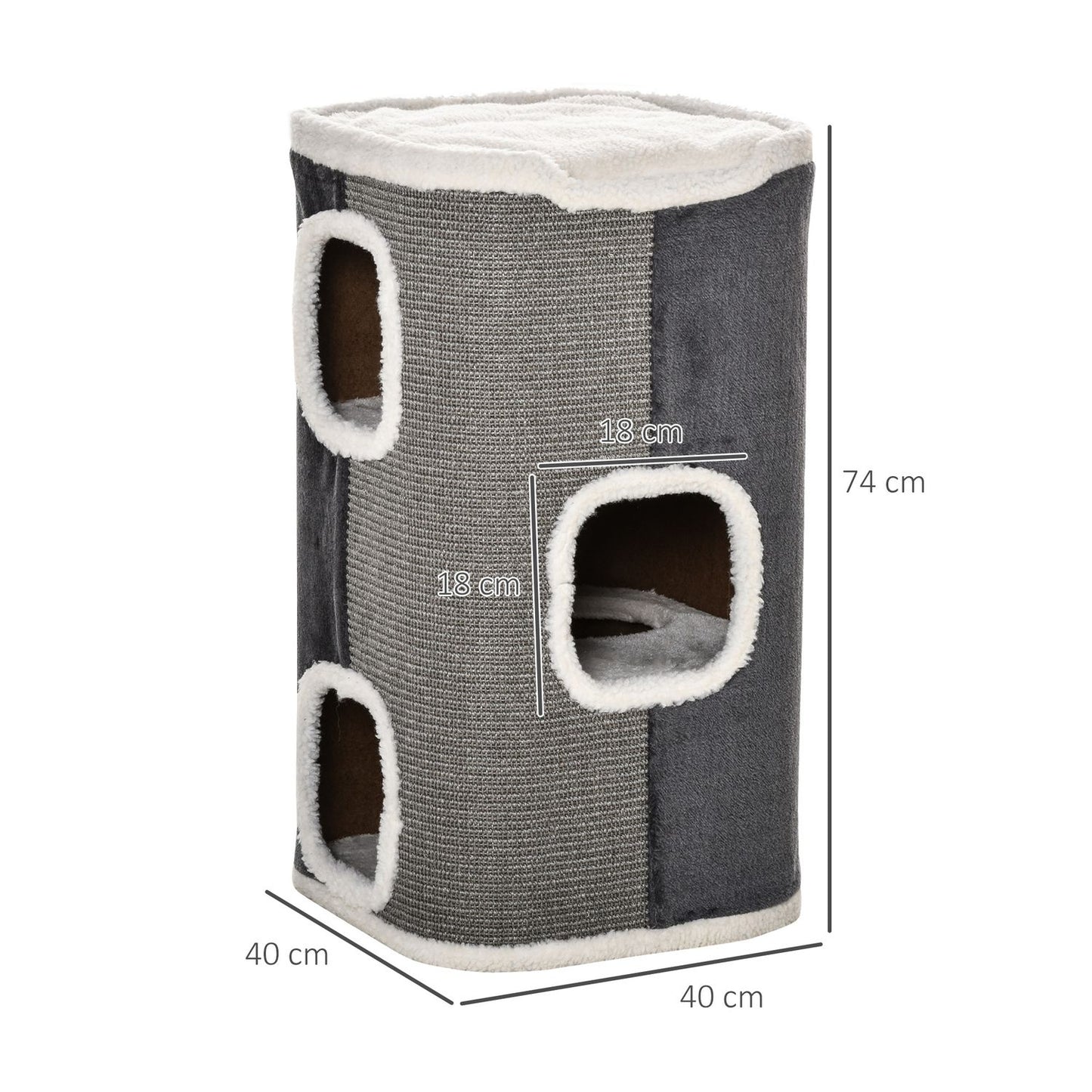 Cat tree with 3 levels, sisal & velvet smooth fabric, grey/white