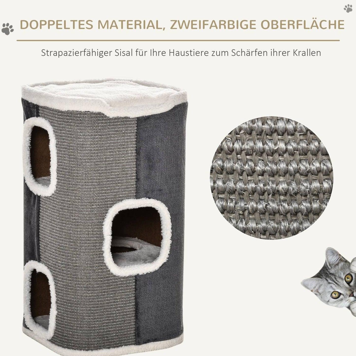 Cat tree with 3 levels, sisal & velvet smooth fabric, grey/white