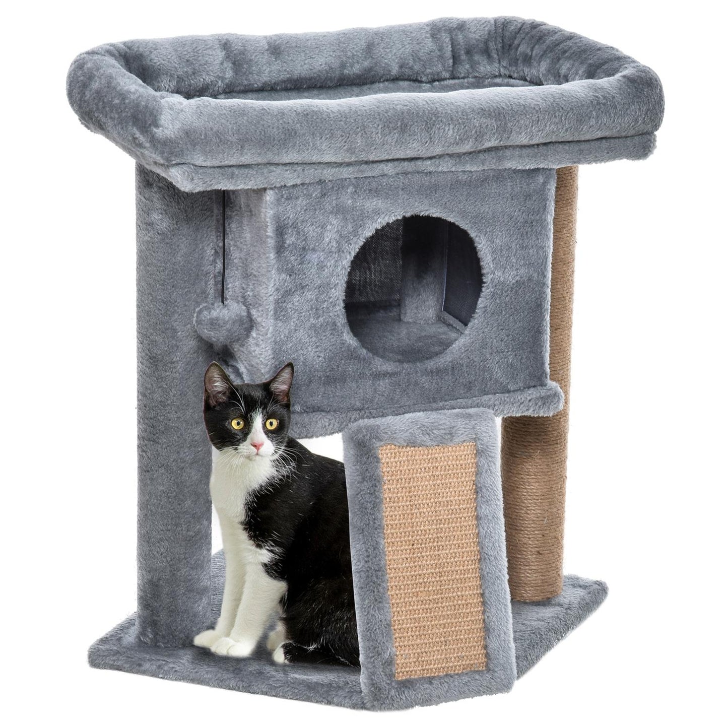 Cat tree with jute scratching mat and play functions, light grey