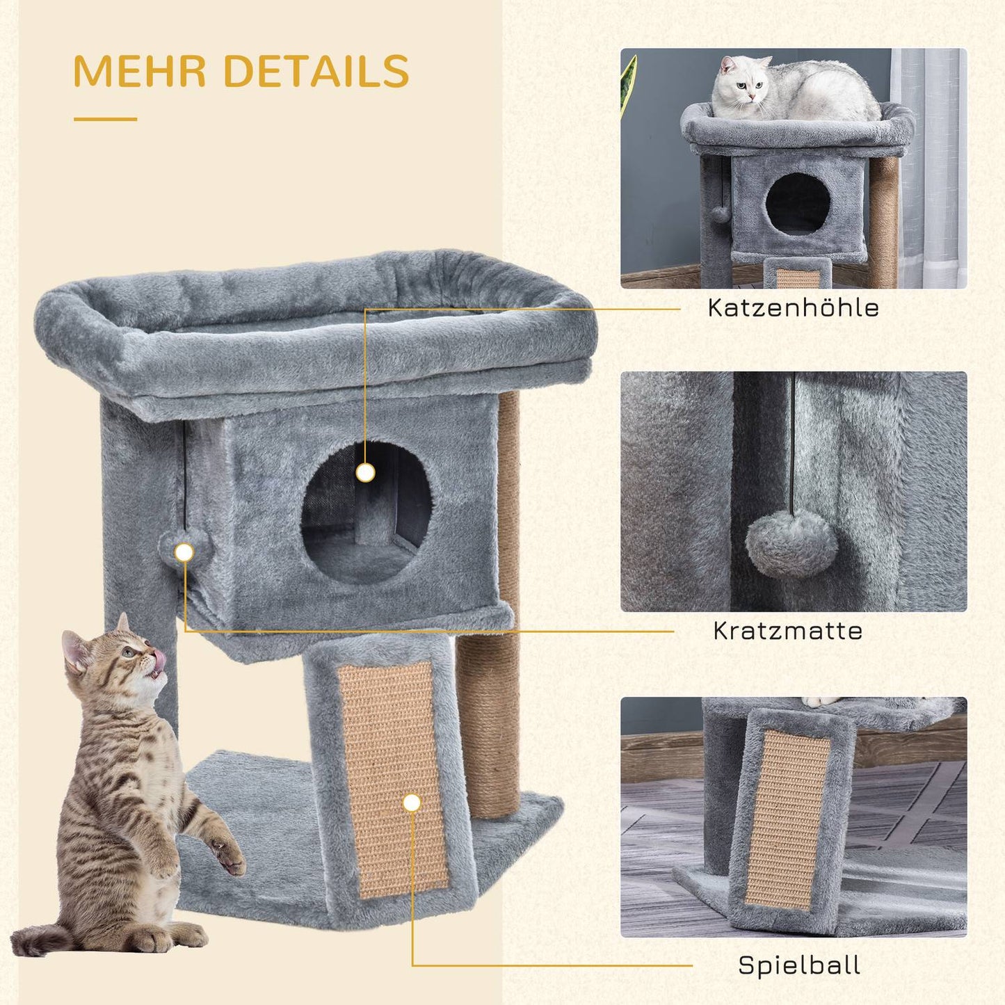 Cat tree with jute scratching mat and play functions, light grey