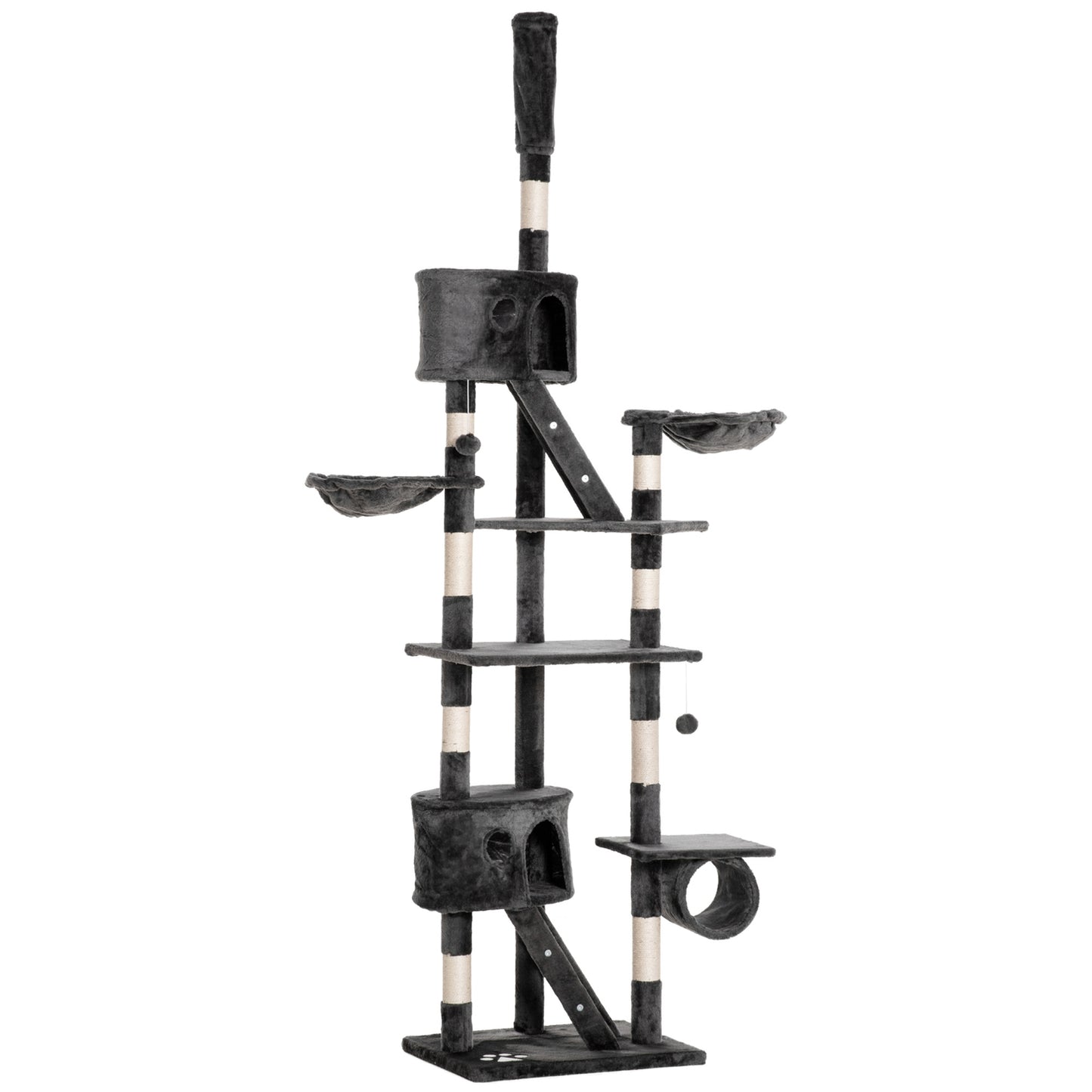 Adjustable cat tree at ceiling height with scratching post