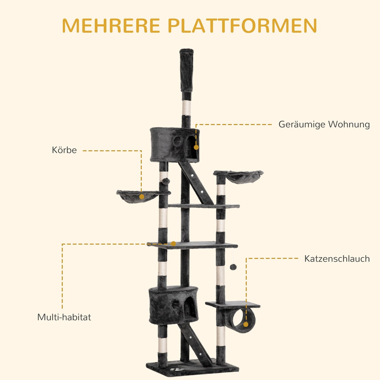 Adjustable cat tree at ceiling height with scratching post
