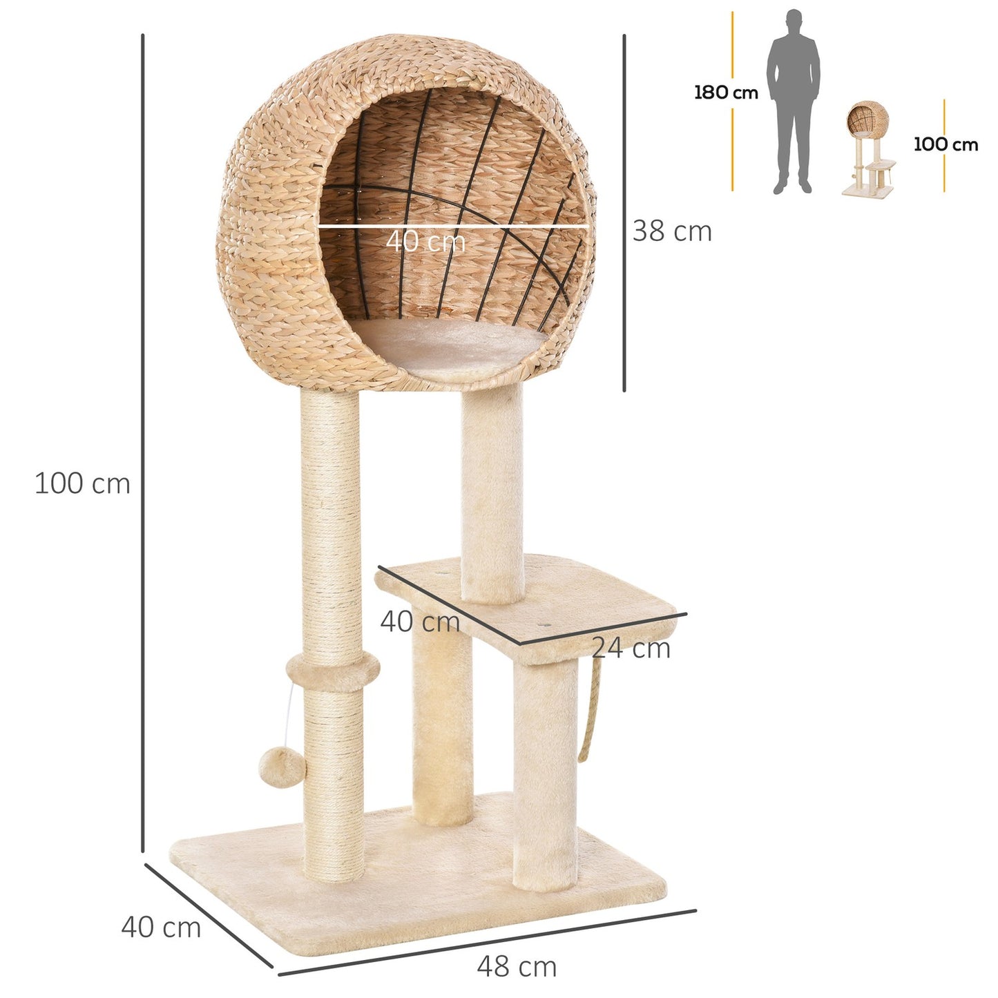 Cat tree with scratching post and cave, beige, 100 cm high