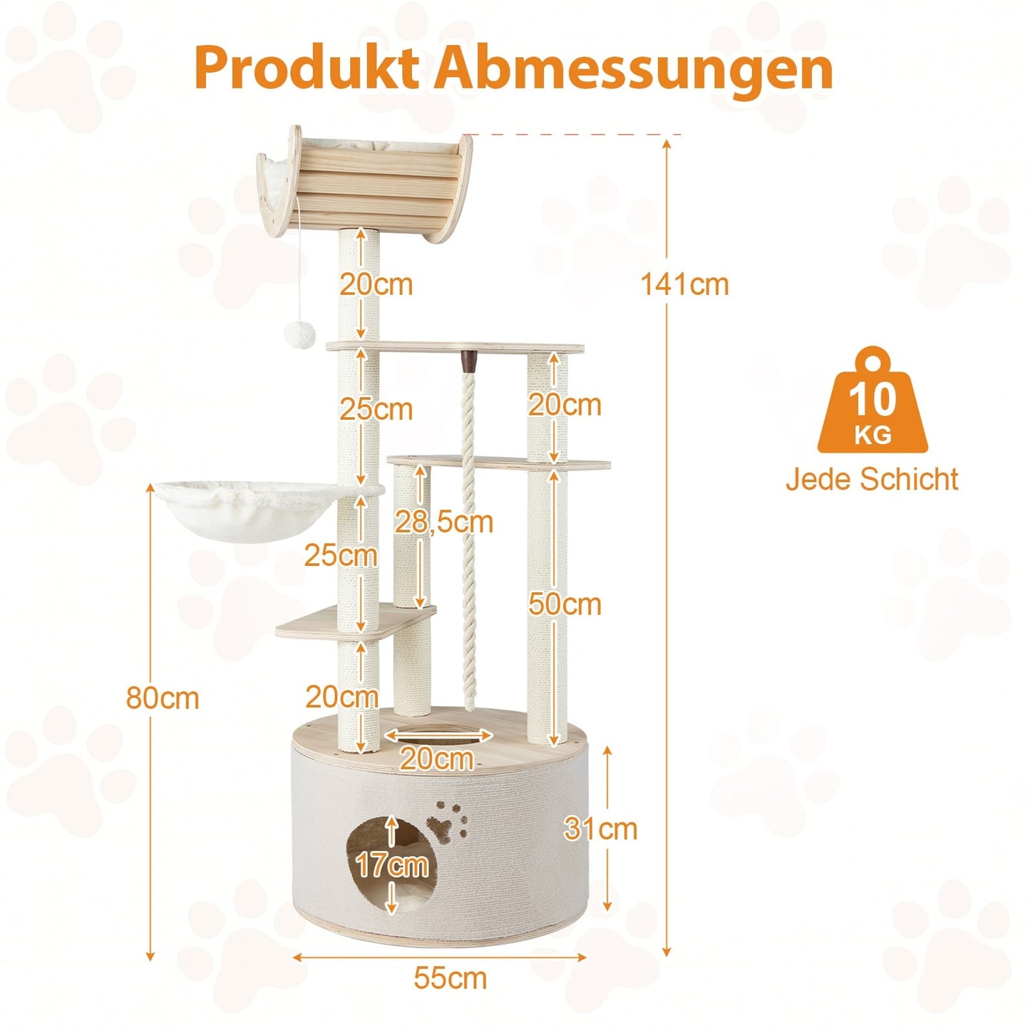 Cat Tree Tower, 141cm, Wood, with Cat Cave & Hammock