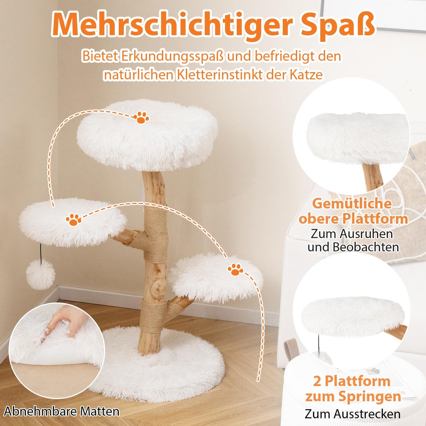Cat Tree Tower, 90cm, Pear Wood, White, Multi-Level