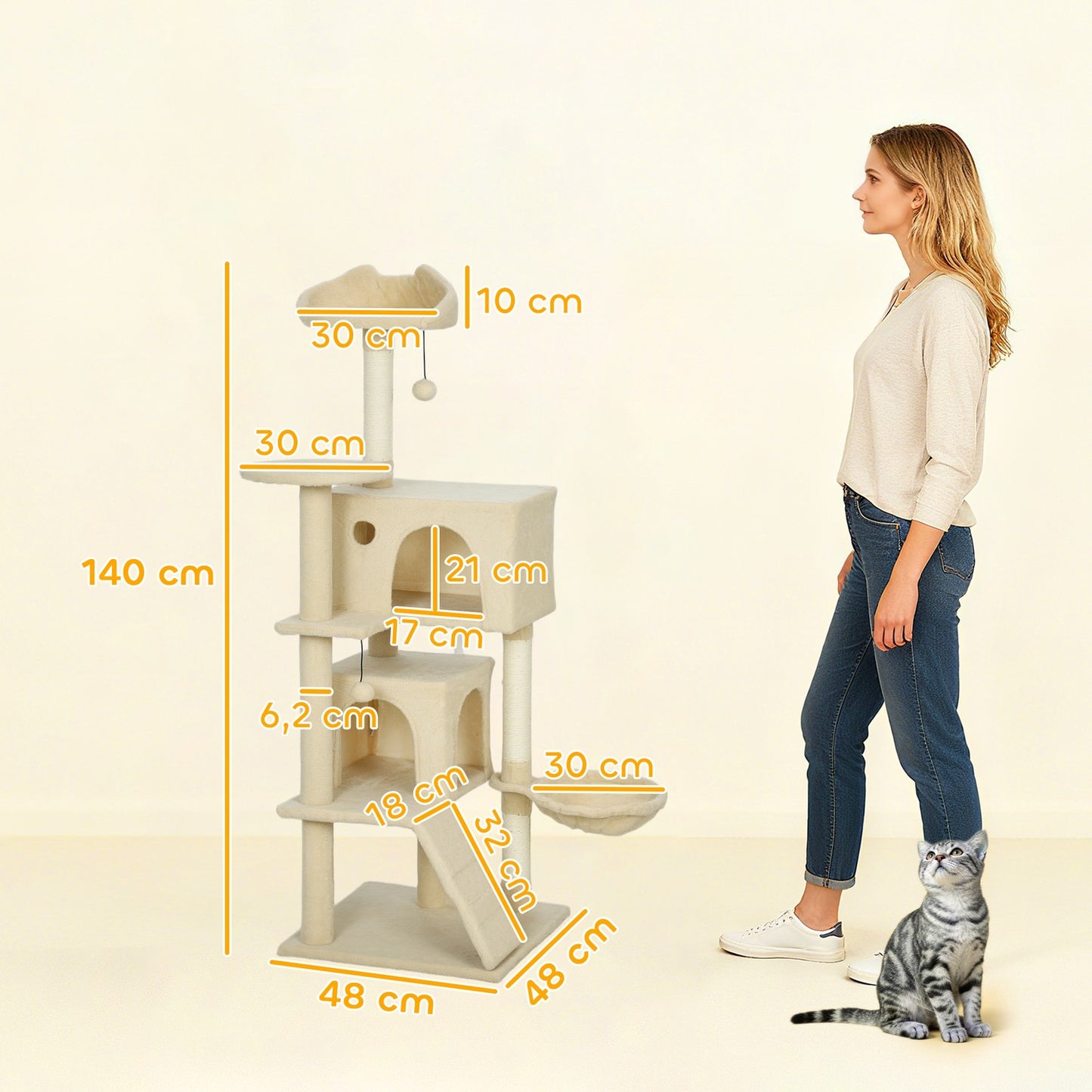 Cat Tree Tower with Hammock, Ladder, Cave, 140 cm, Beige