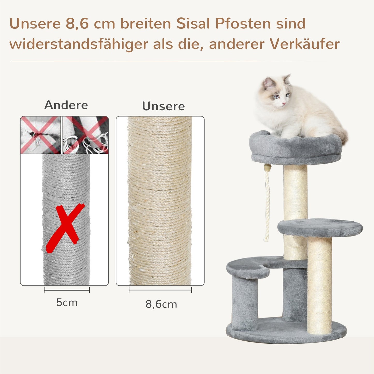 Gray 3-story cat tree with hammock and sisal columns