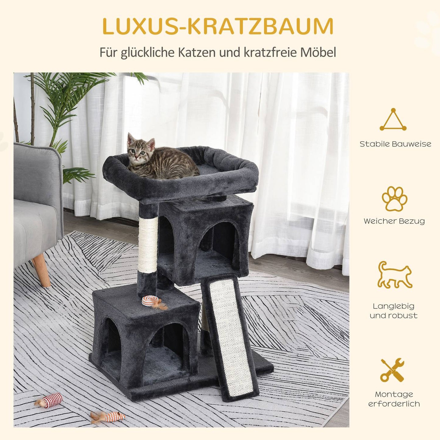 Cat tree with sisal posts, dark grey, 59 x 39 x 83 cm