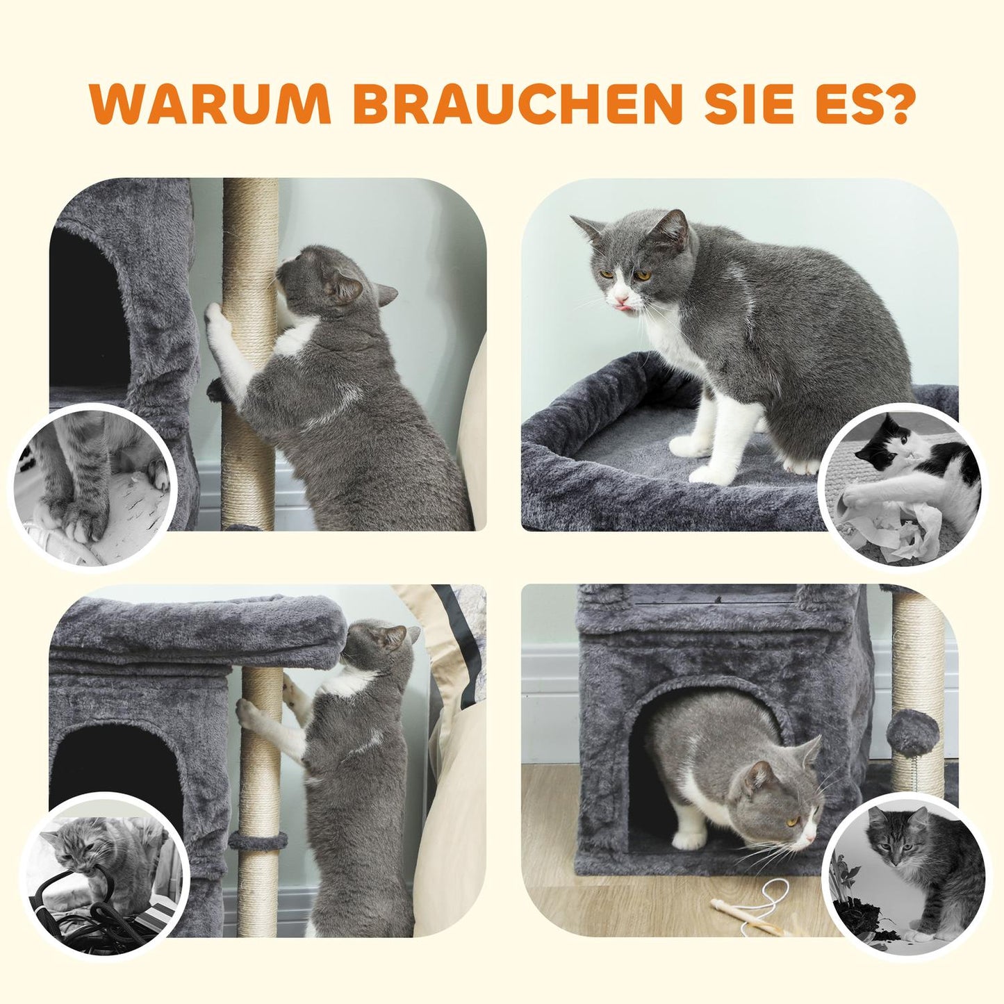 Cat Tree with 2 Caves, Platform, Sisal Posts, Dark Gray
