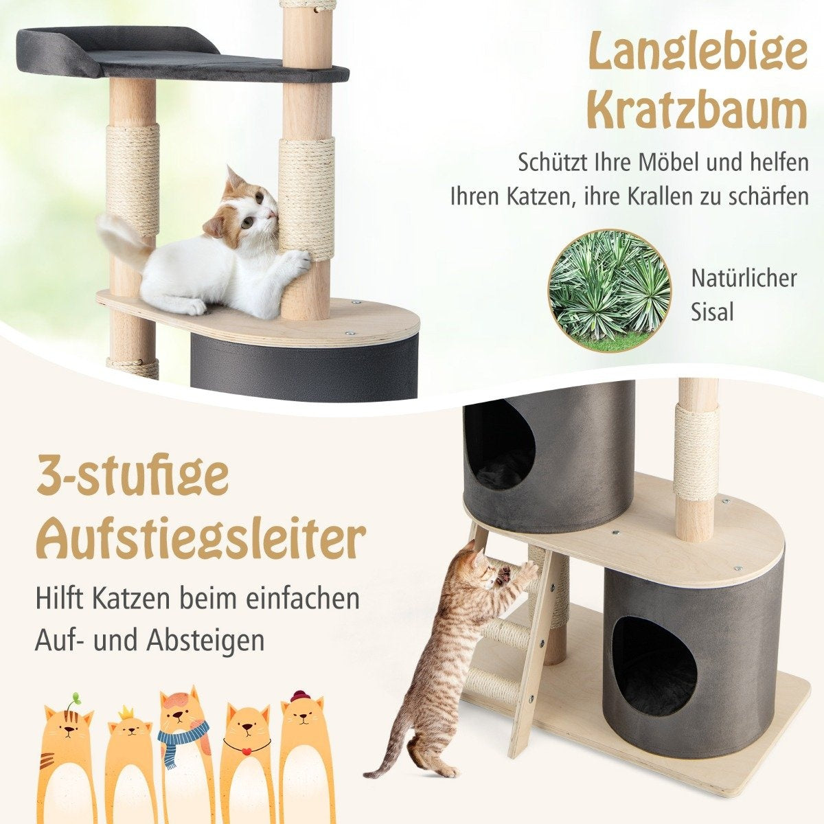Cat Tree with 2 Caves, Plush Perch & Platform, 161 cm