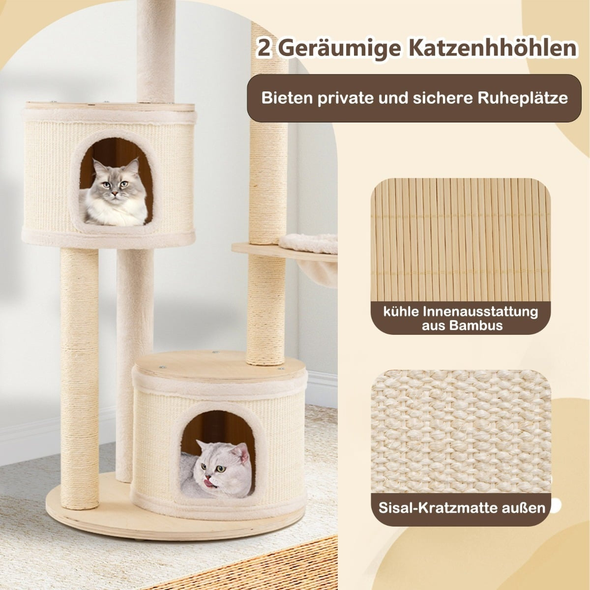 Cat Tree with 2 Houses, Basket, Sisal Posts, 152 cm