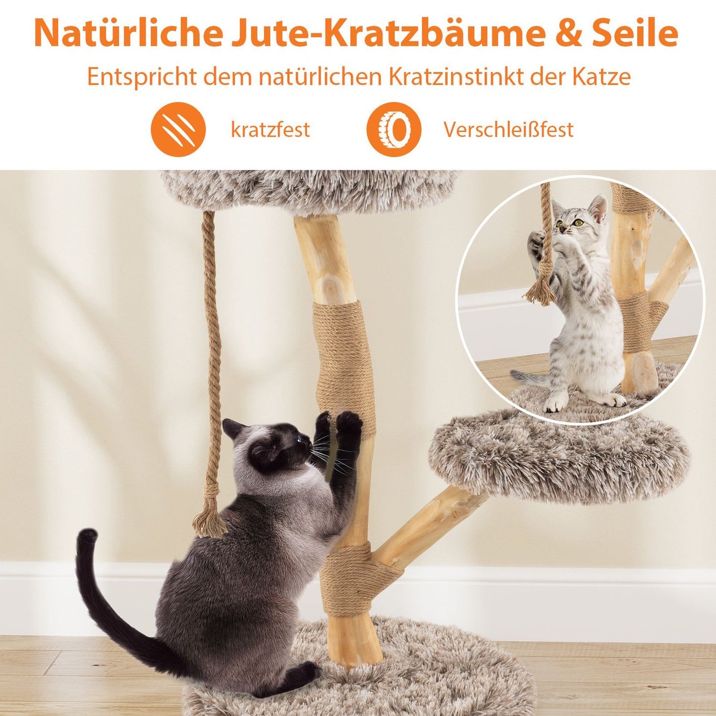 Cat Tree with 3 Plush Platforms, Jute Posts, 90 cm