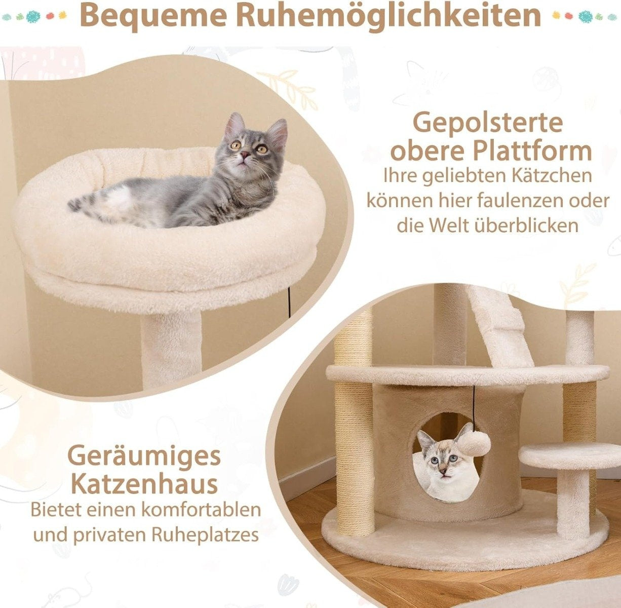 Cat Tree with Cave, Ladder & Toys – Beige, Multi-Level