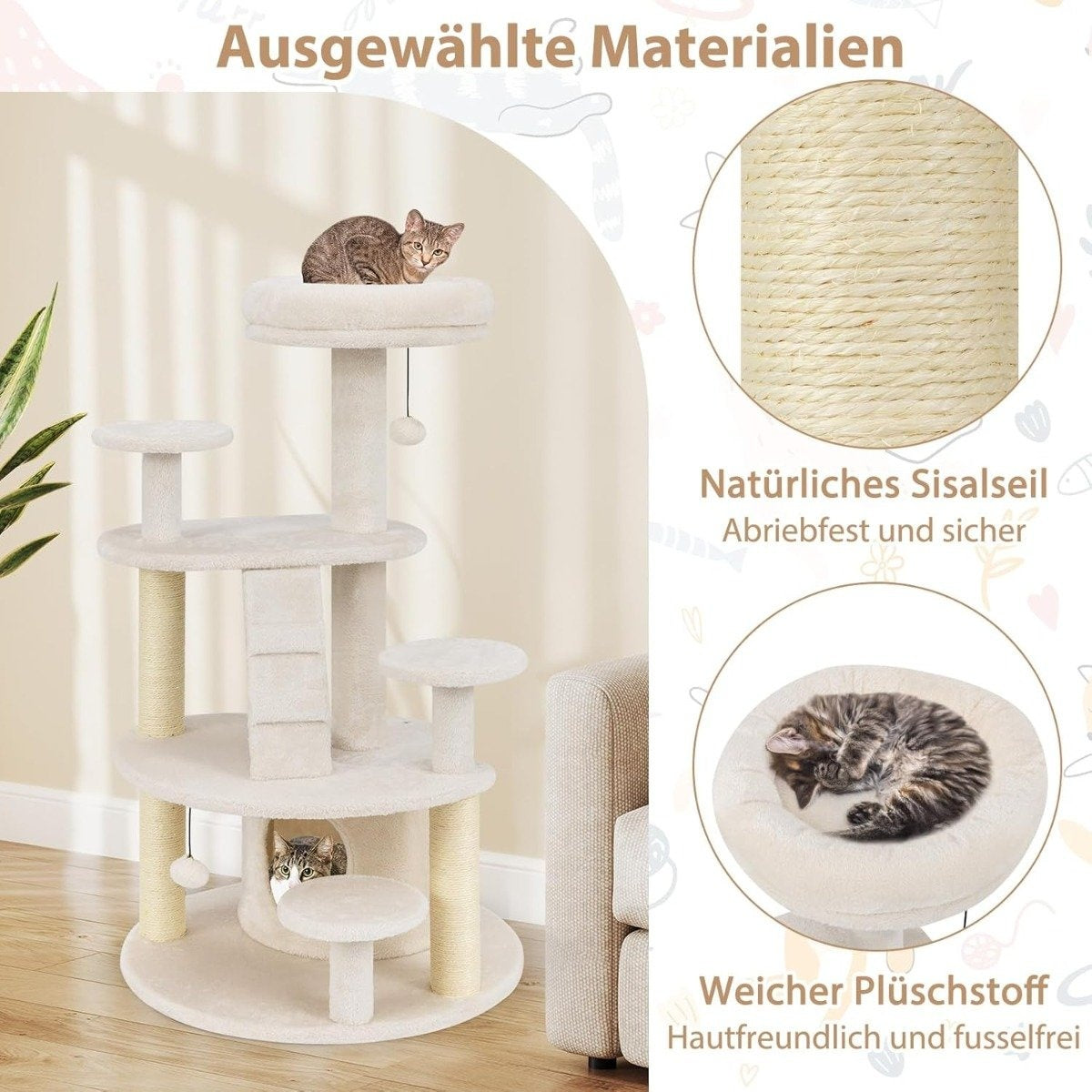 Cat Tree with Cave, Ladder & Toys – Beige, Multi-Level