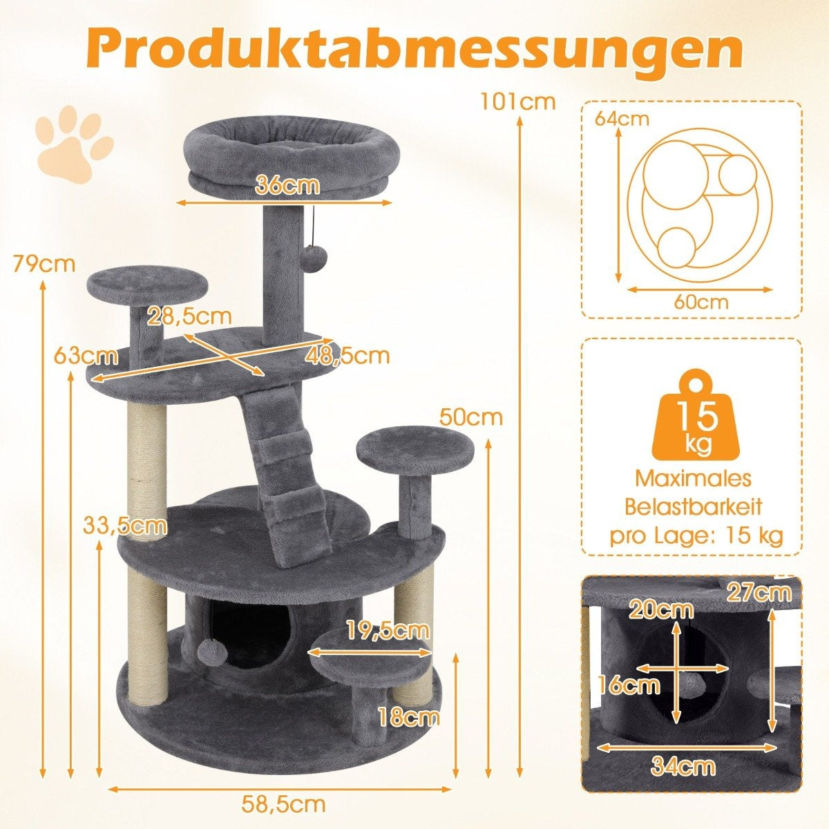 Cat Tree with Cave, Ladder & Toys – Grey, Multi-Level
