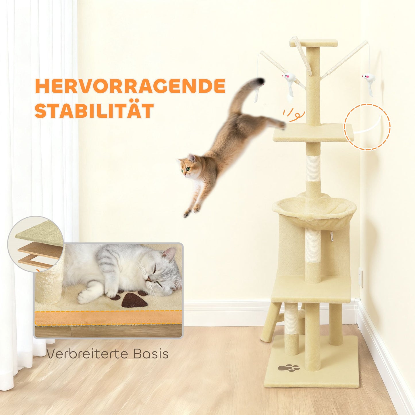 Cat Tree with Cave, Sisal Posts, Toys, Beige, <5kg Cats