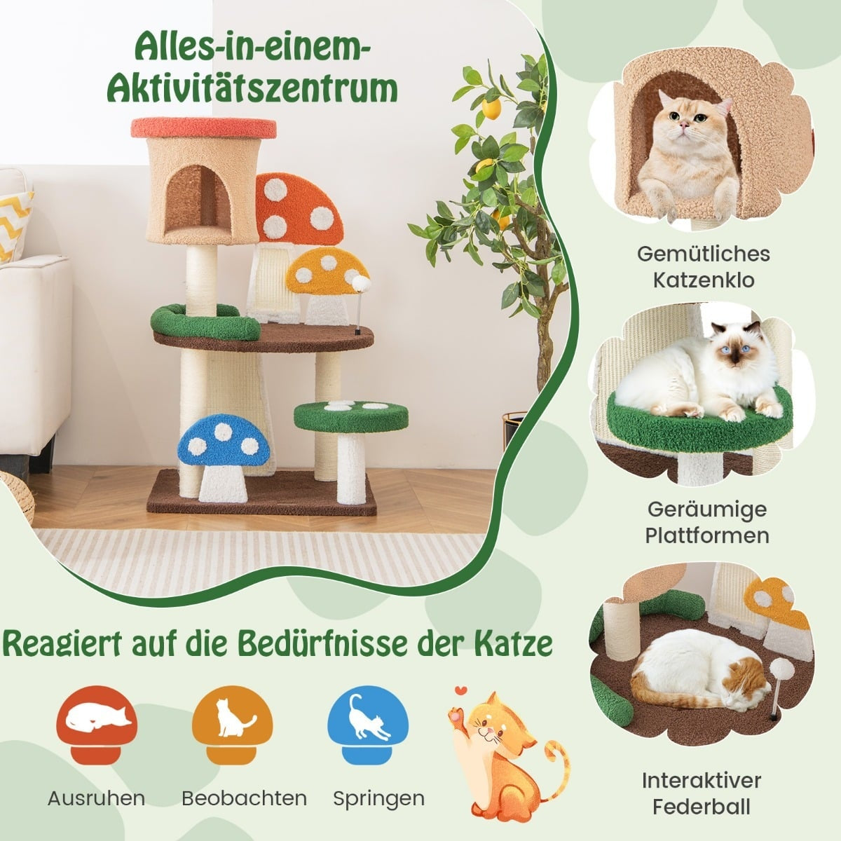 Cat Tree with Cave, Sisal Scratching Board, and Play Ball
