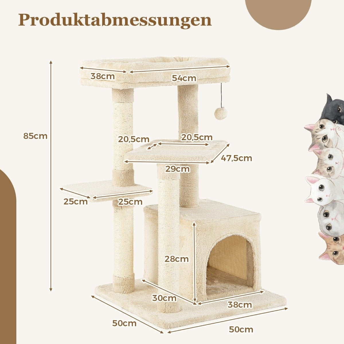 Cat Tree with Cave, Soft Seat, 85cm, Beige