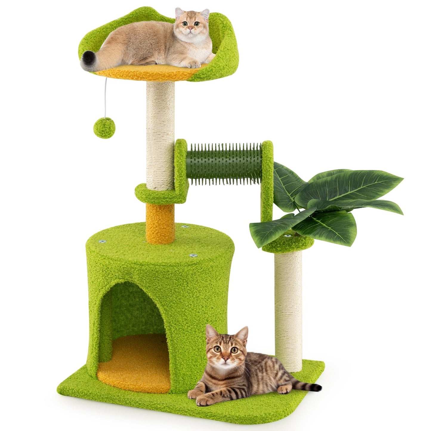 Cat Tree with Faux Leaves, Cave, and Platform - Green
