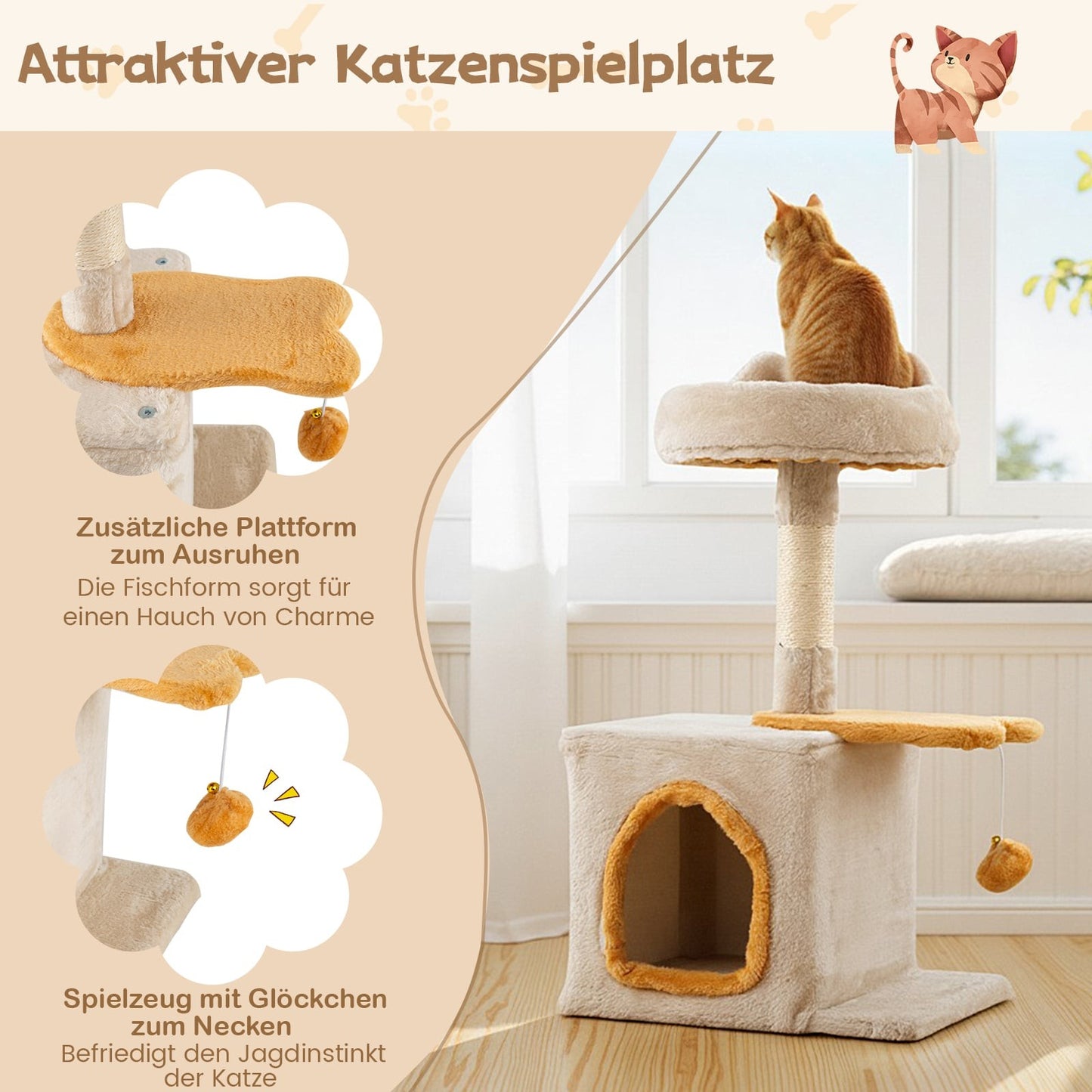 Cat Tree with Fish-Shaped Platform, Sisal Posts, Plush Seat