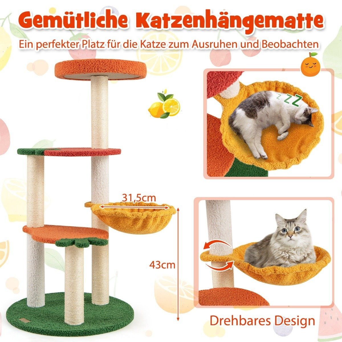 Cat Tree with Fruit Theme, 100 cm, Sisal Scratch Posts
