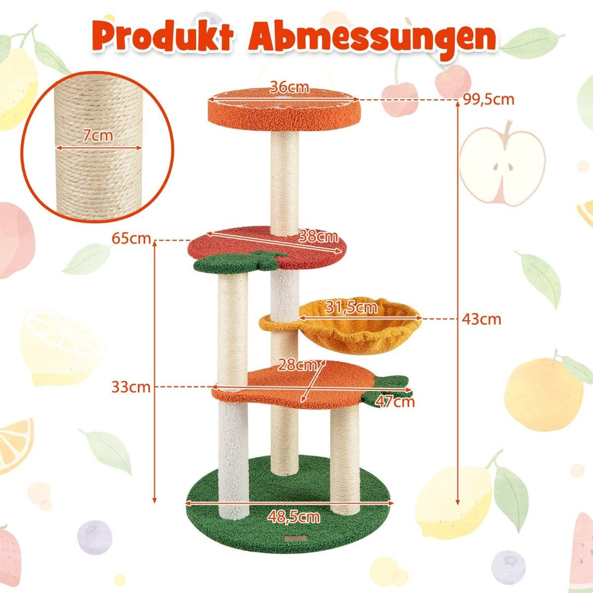Cat Tree with Fruit Theme, 100 cm, Sisal Scratch Posts