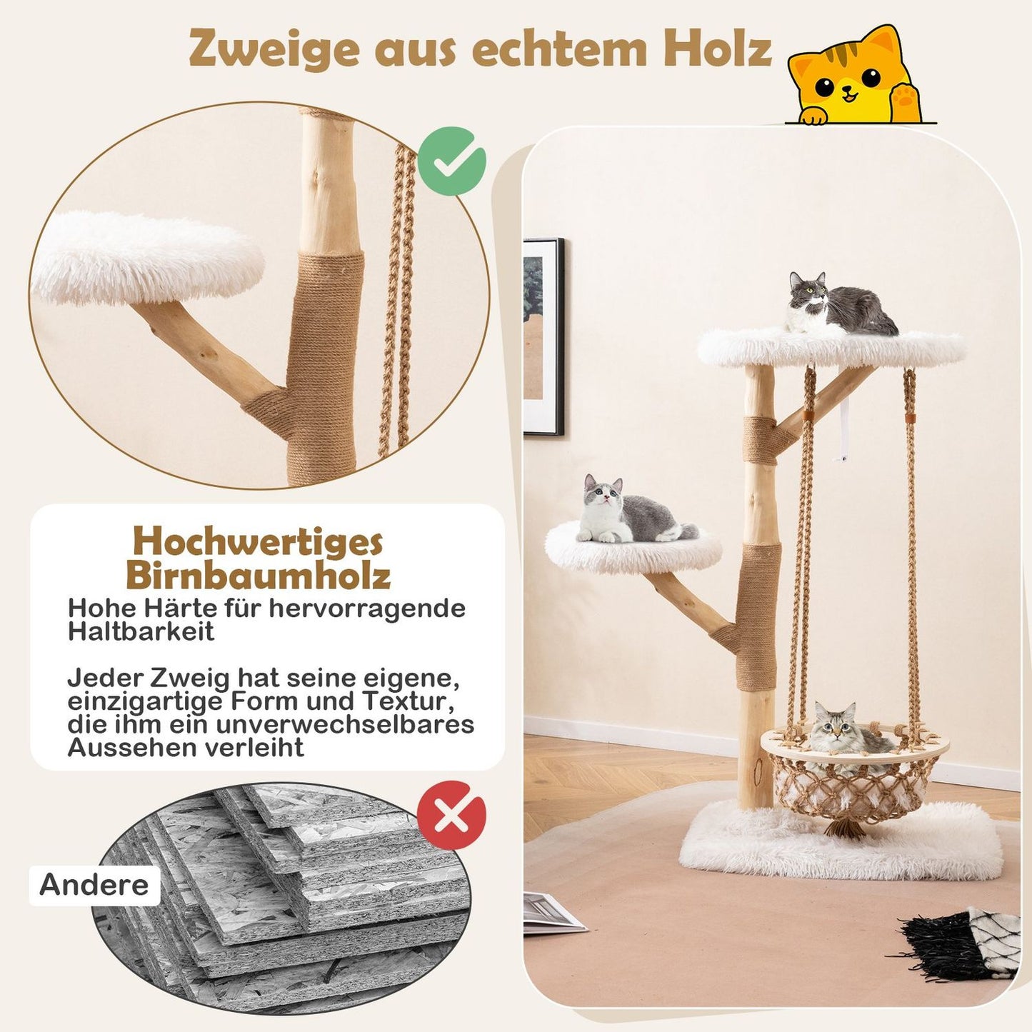 Cat Tree with Hammock, Real Wood Posts, Scratch Poles