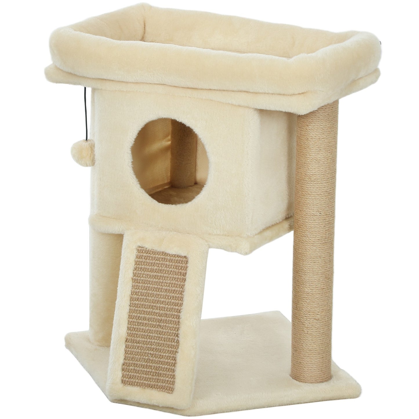 Cat Tree with Jute Scratching Mat, Bed, Toy Ball, Beige
