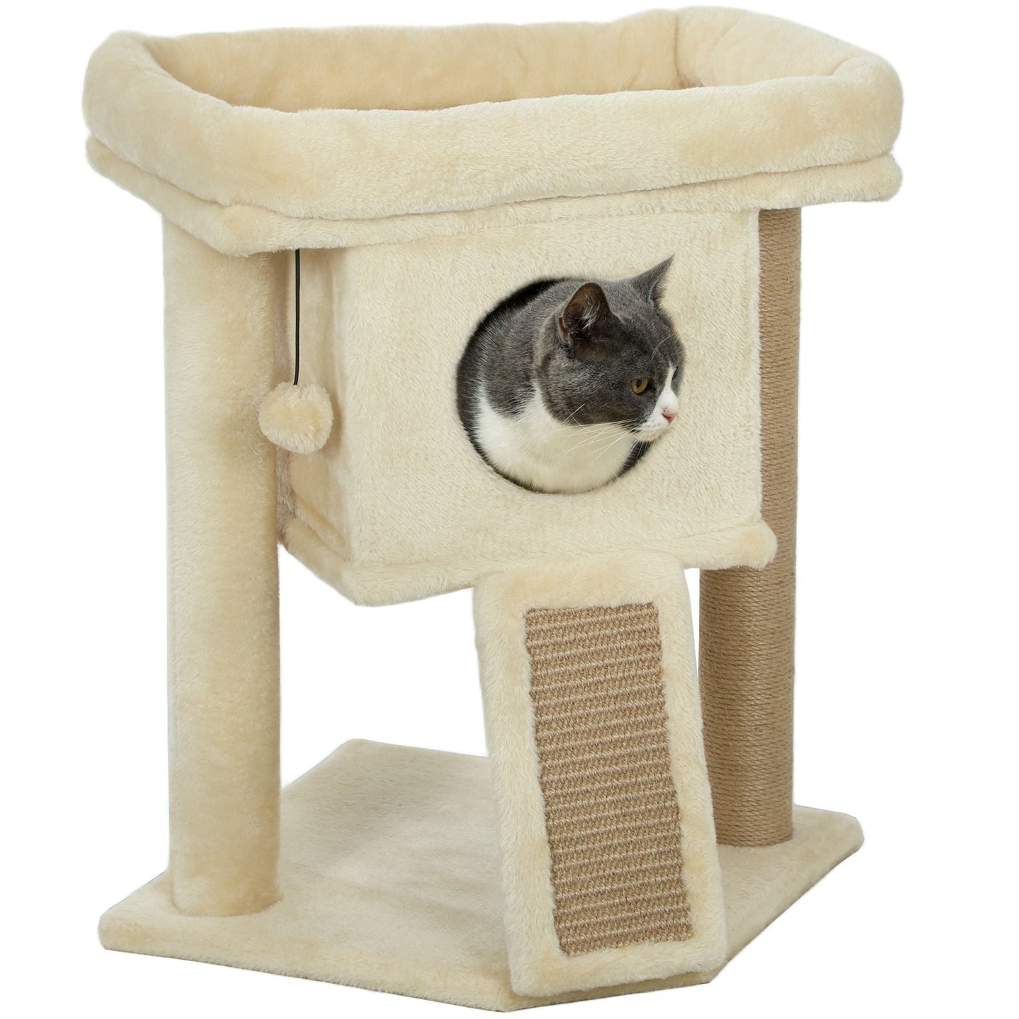 Cat Tree with Jute Scratching Mat, Bed, Toy Ball, Beige