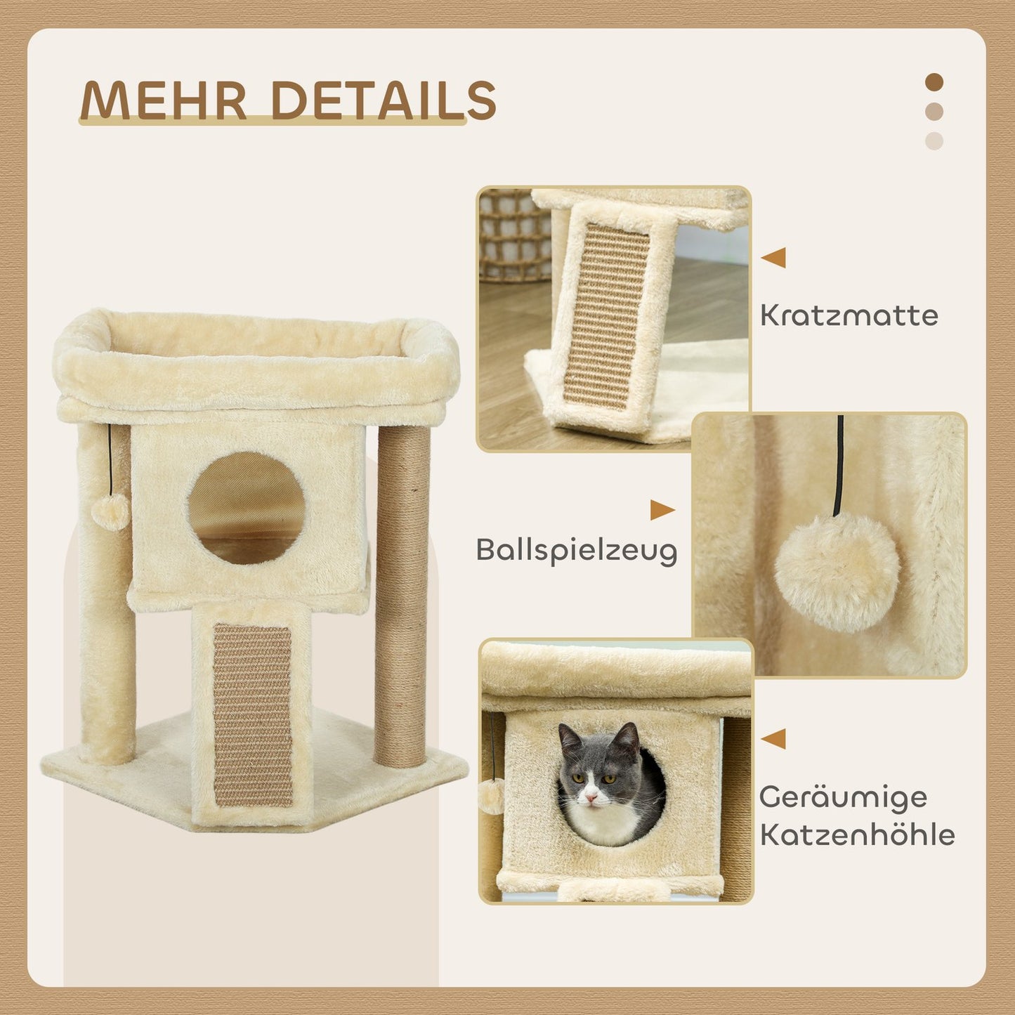 Cat Tree with Jute Scratching Mat, Bed, Toy Ball, Beige