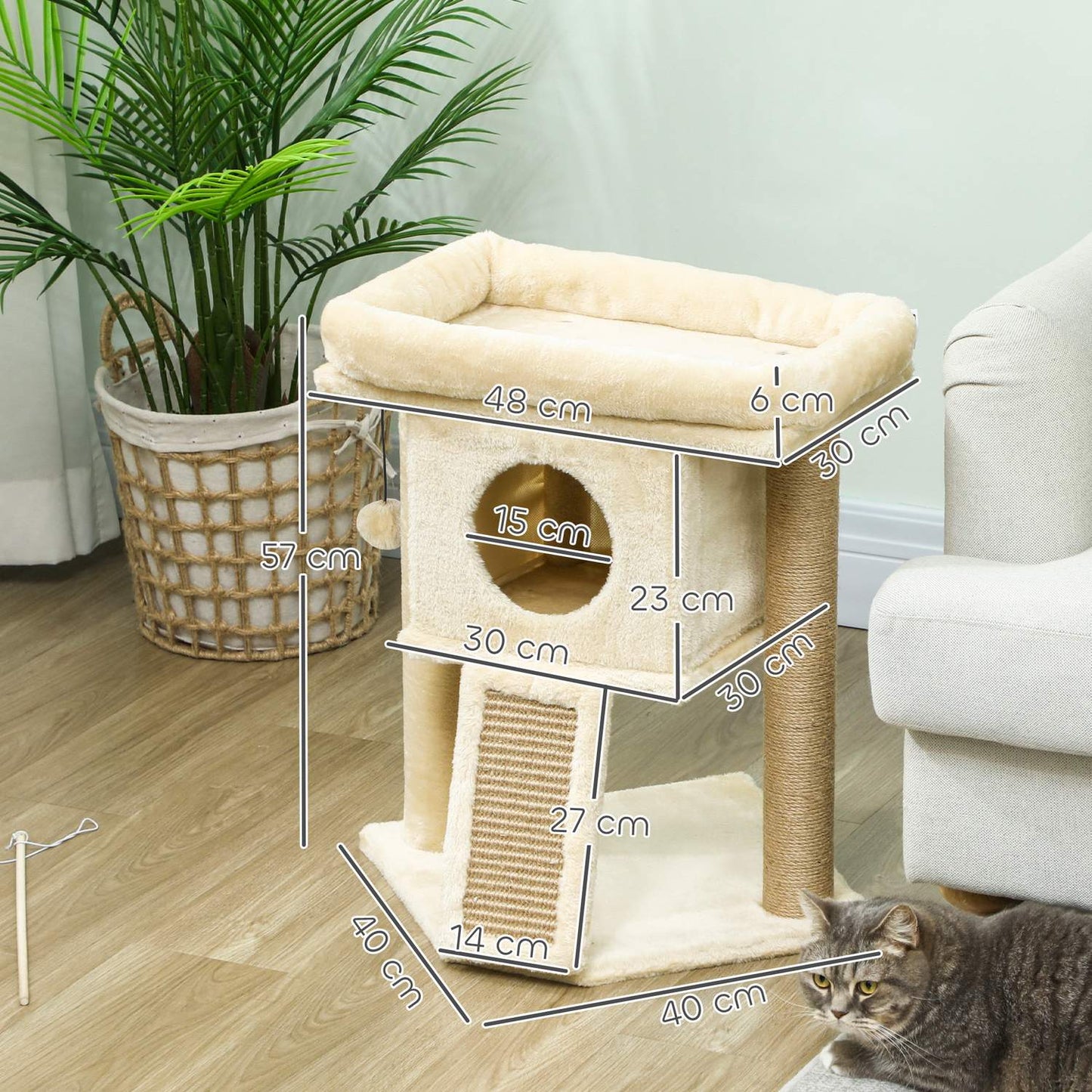 Cat Tree with Jute Scratching Mat, Bed, Toy Ball, Beige