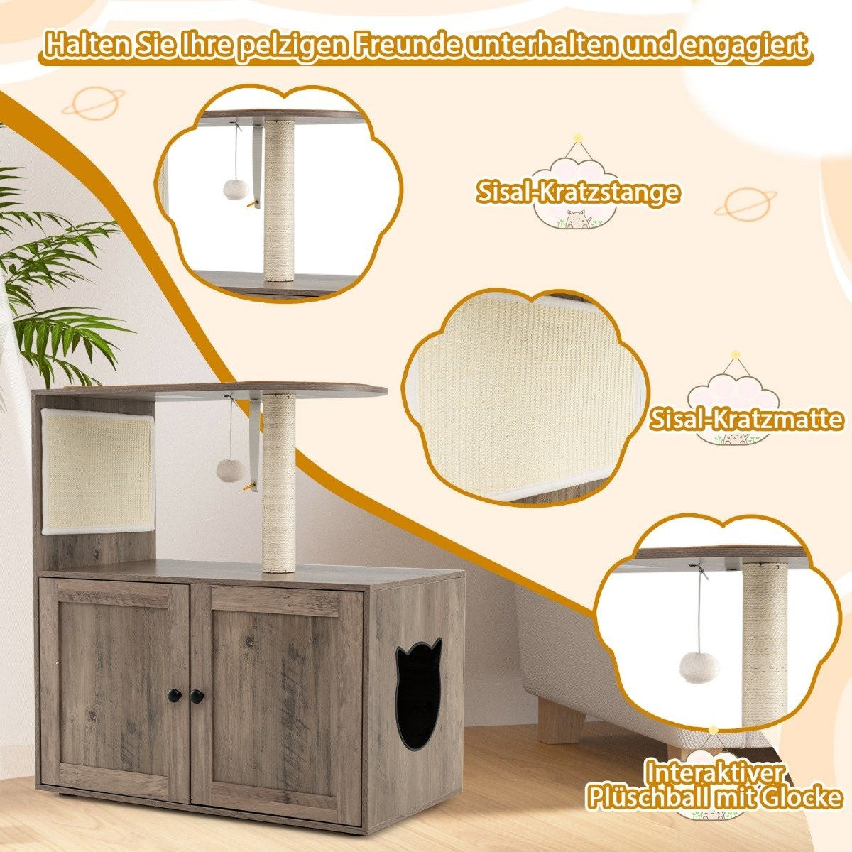 Cat Tree with Litter Box Cabinet, 80x45x87.5 cm, Gray