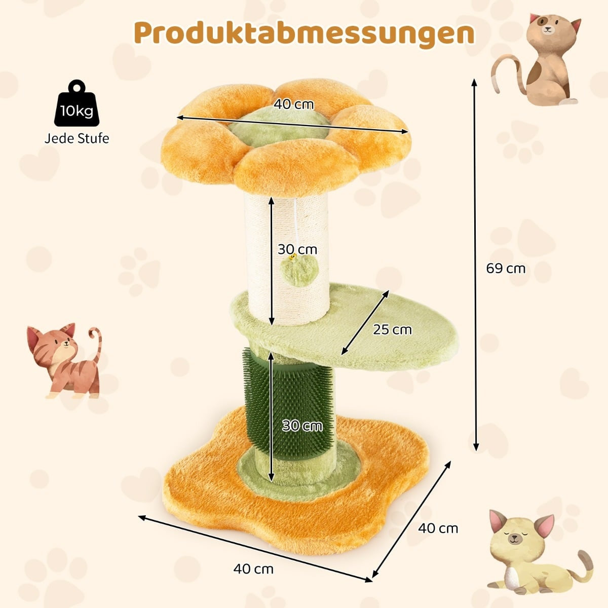 Cat Tree with Plush Seat, Sisal Post, 69 cm, Yellow