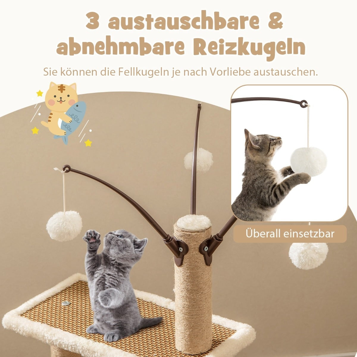 Cat Tree with Rattan Mat, Scratching Posts, Toys, Bed