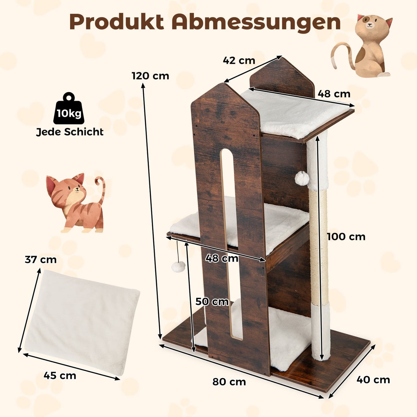 Cat Tree with Sisal Posts & Hanging Balls, 120 cm, Brown