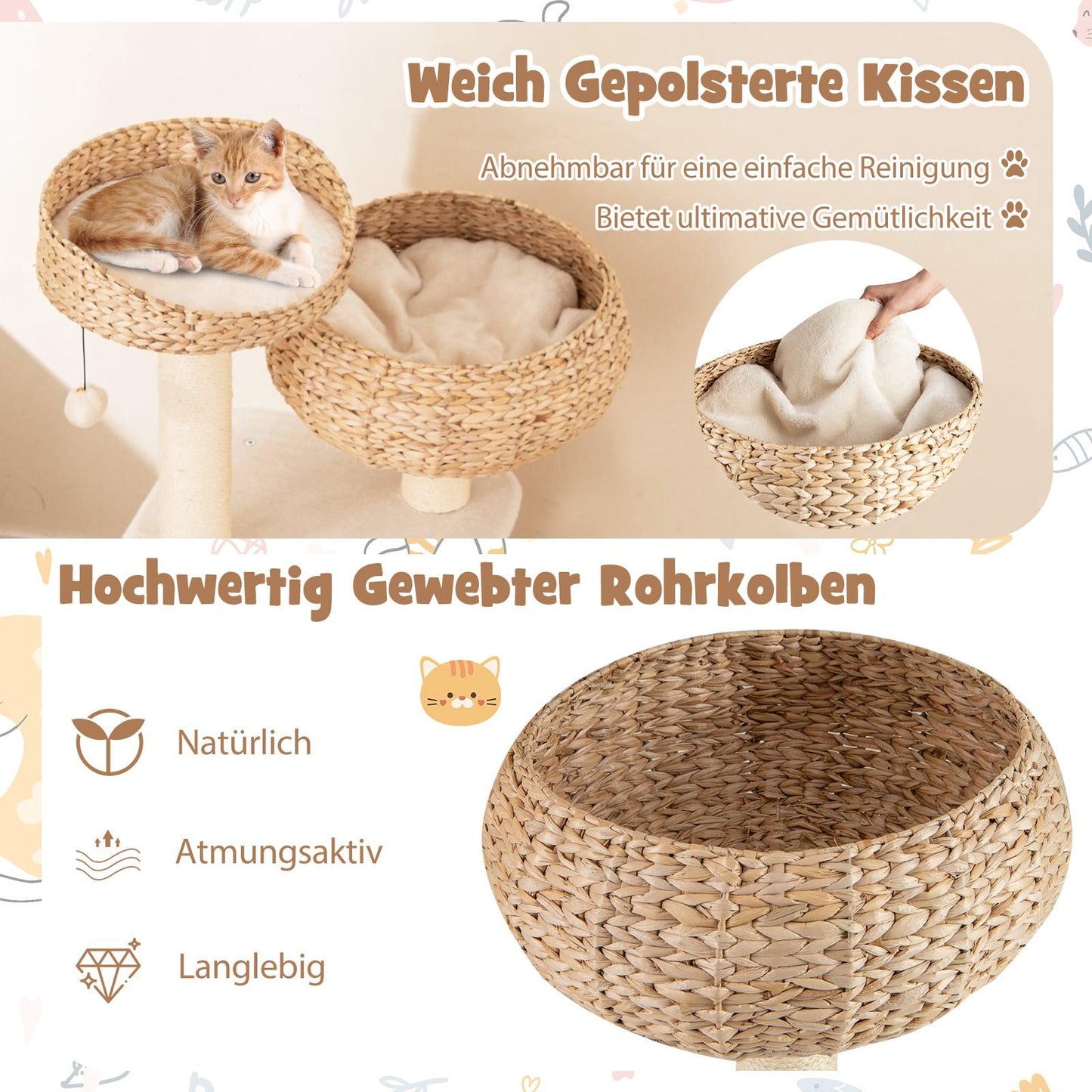 Cat Tree with Sisal Posts and Basket, 104 cm, Beige